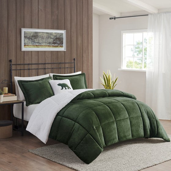 Plush to Sherpa Down Alternative Comforter Set Green/Ivory King Olliix.com