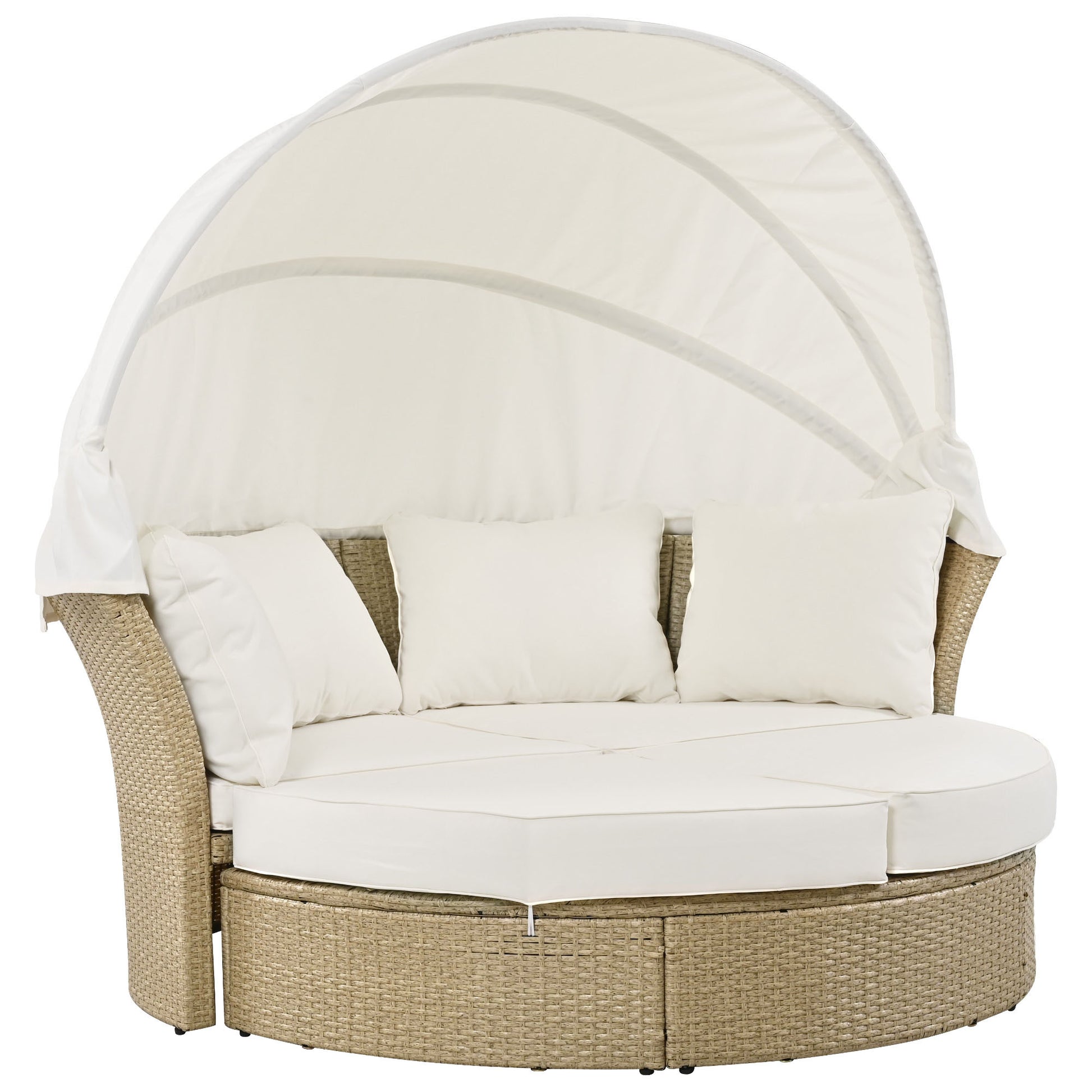 Outdoor Patio Daybed Wicker Rattan Double Daybed Round Sofa Furniture Set with Retractable Canopy, 4 Pillows for Lawn Garden Backyard Porch Pool, Beige House to Home Furnishings LLC