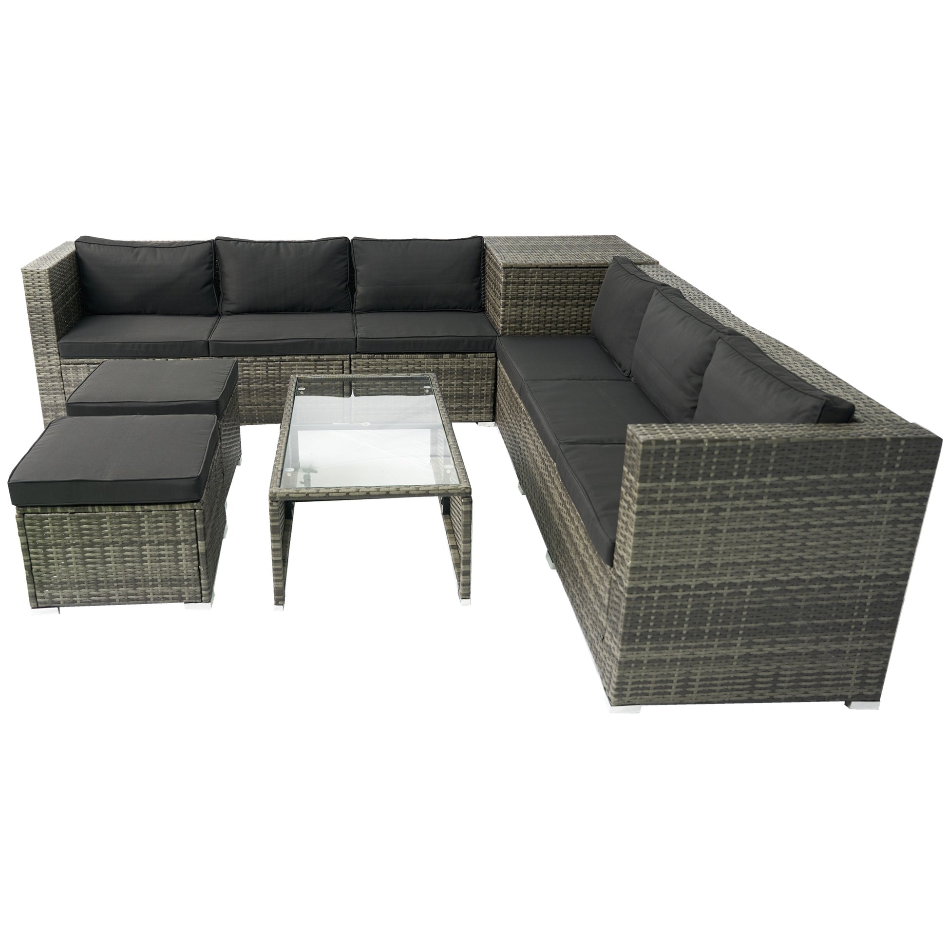 8 Piece Patio Outdoor Sectional Wicker Rattan Outdoor Furniture Sofa Set with One Storage Box Under Seat and Cushion Box Grey wicker + Black Cushion + Clear Glass Top House to Home Furnishings LLC