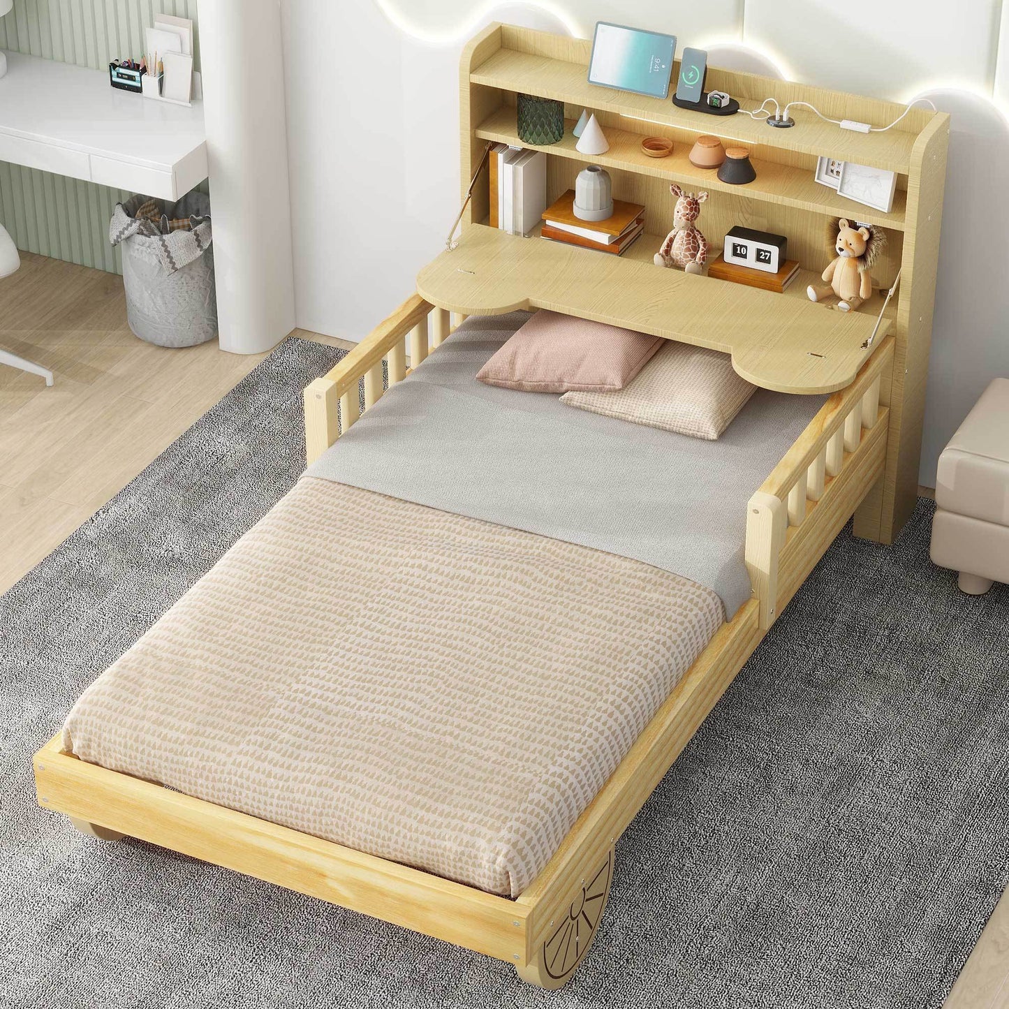 Twin Size Car Bed with Bear-Shaped Headboard, USB and LED, Natural House to Home Furnishings LLC