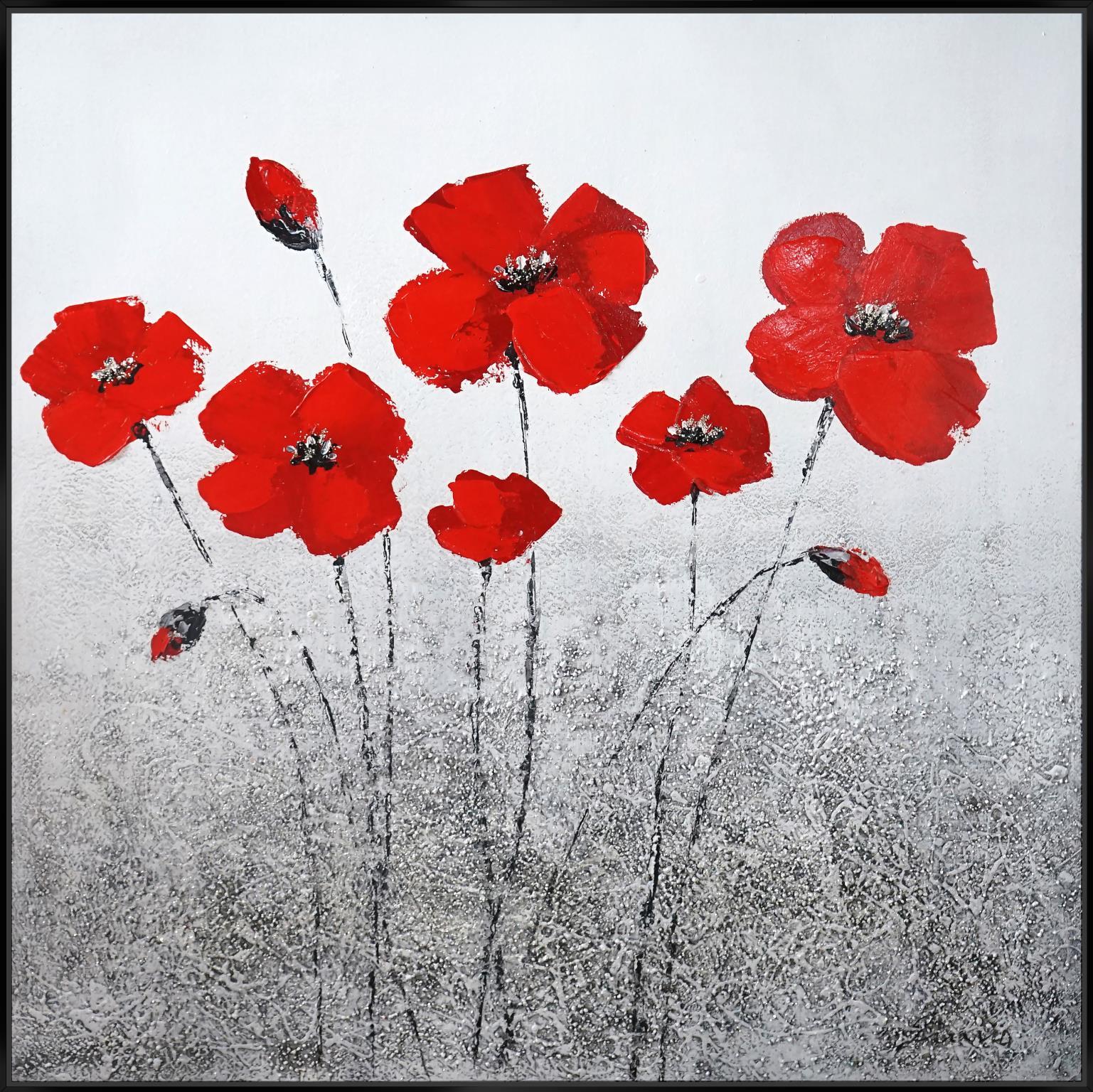 Hand Painted Textured Canvas Glitter In Frame Poppies - Red Classy Art