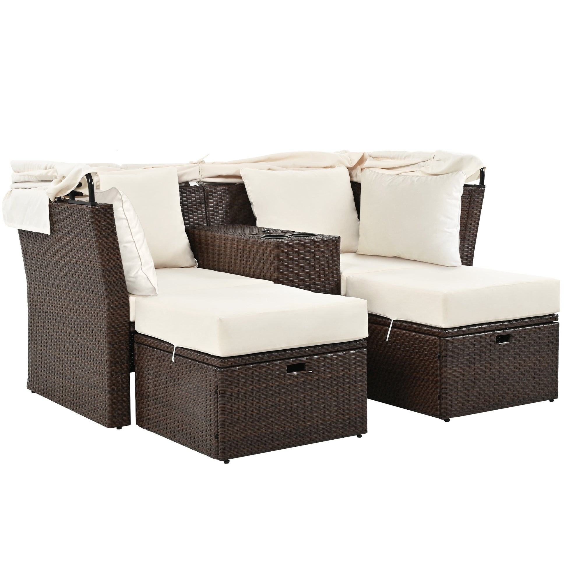 2-Seater Outdoor Patio Daybed Outdoor Double Daybed Outdoor Loveseat Sofa Set with Foldable Awning and Cushions for Garden, Balcony, Poolside, Beige ***(FREE SHIPPING)*** House to Home Furnishings LLC