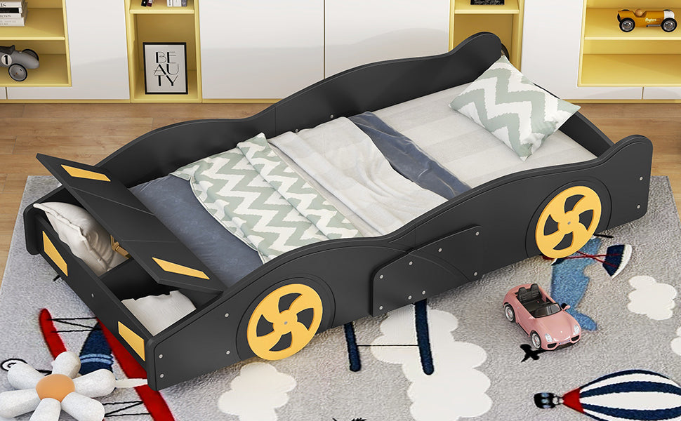 Twin Size Race Car-Shaped Platform Bed with Wheels and Storage, Black+Yellow House to Home Furnishings LLC