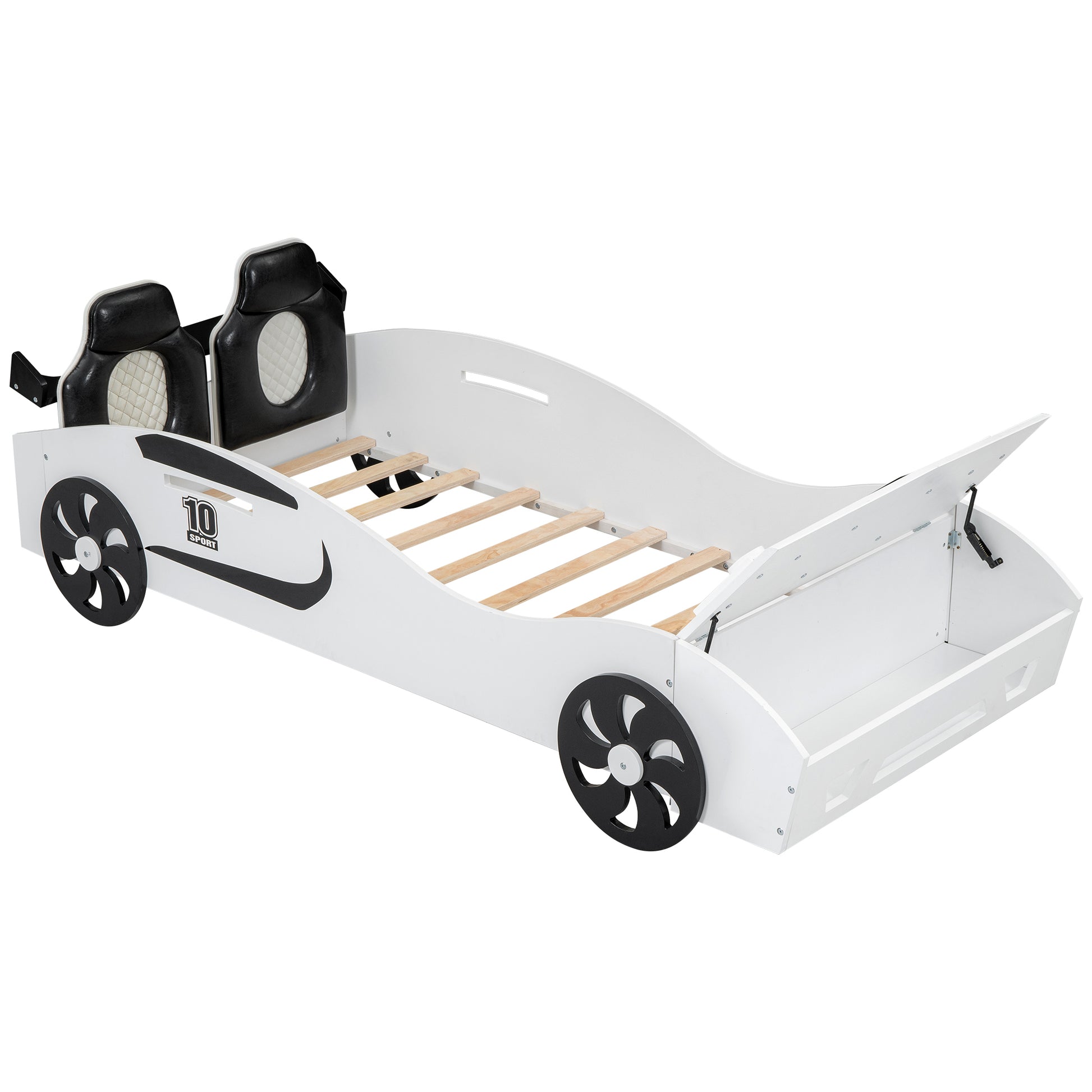 Twin Size Race Car-Shaped Platform Bed with Upholstered Backrest and Storage, White House to Home Furnishings LLC