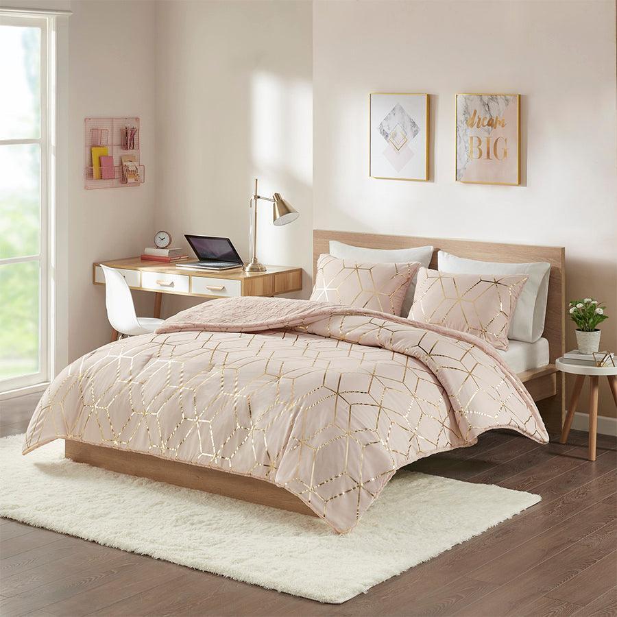 Ainsley King Metallic Print Reversible Comforter Set Blush Olliix.com