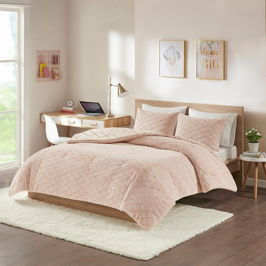 Ainsley King Metallic Print Reversible Comforter Set Blush Olliix.com