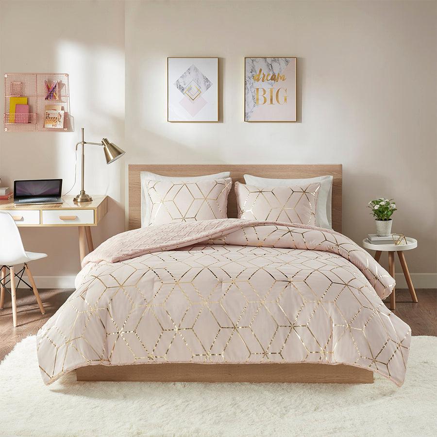 Ainsley King Metallic Print Reversible Comforter Set Blush Olliix.com