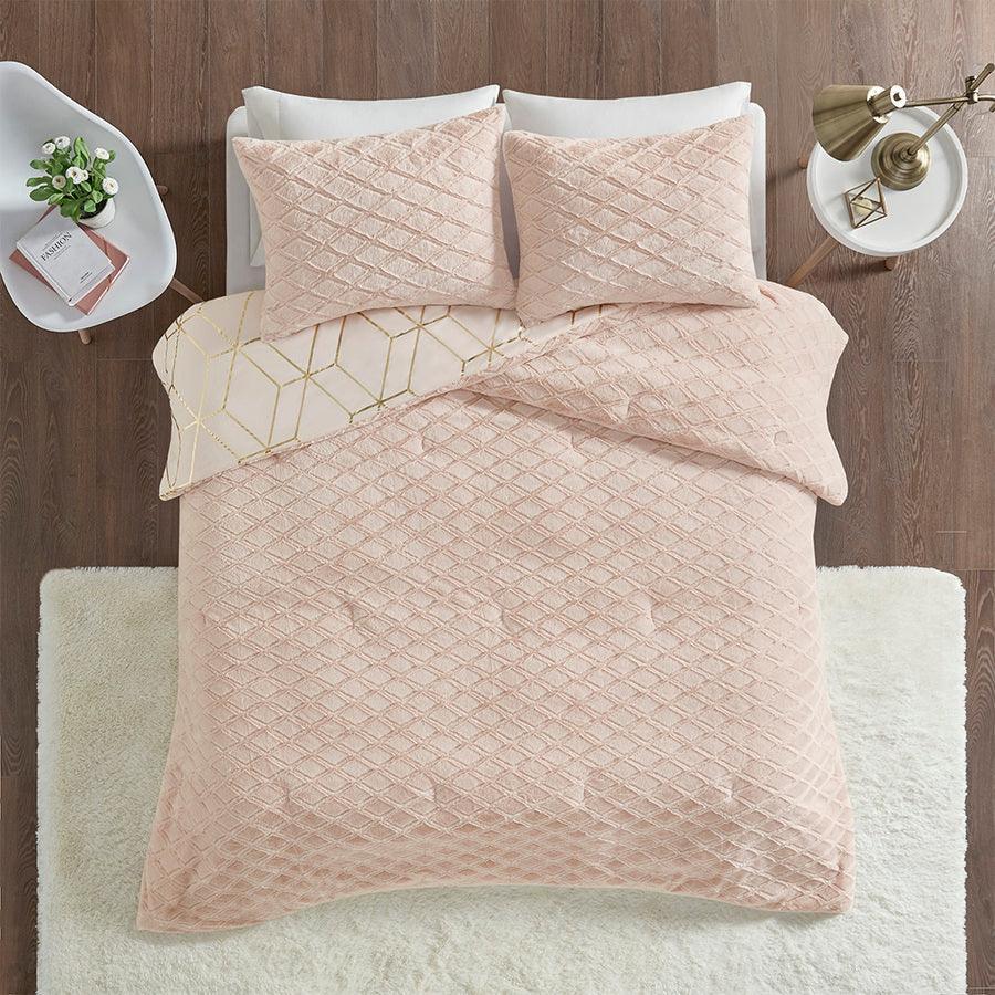 Ainsley King Metallic Print Reversible Comforter Set Blush Olliix.com