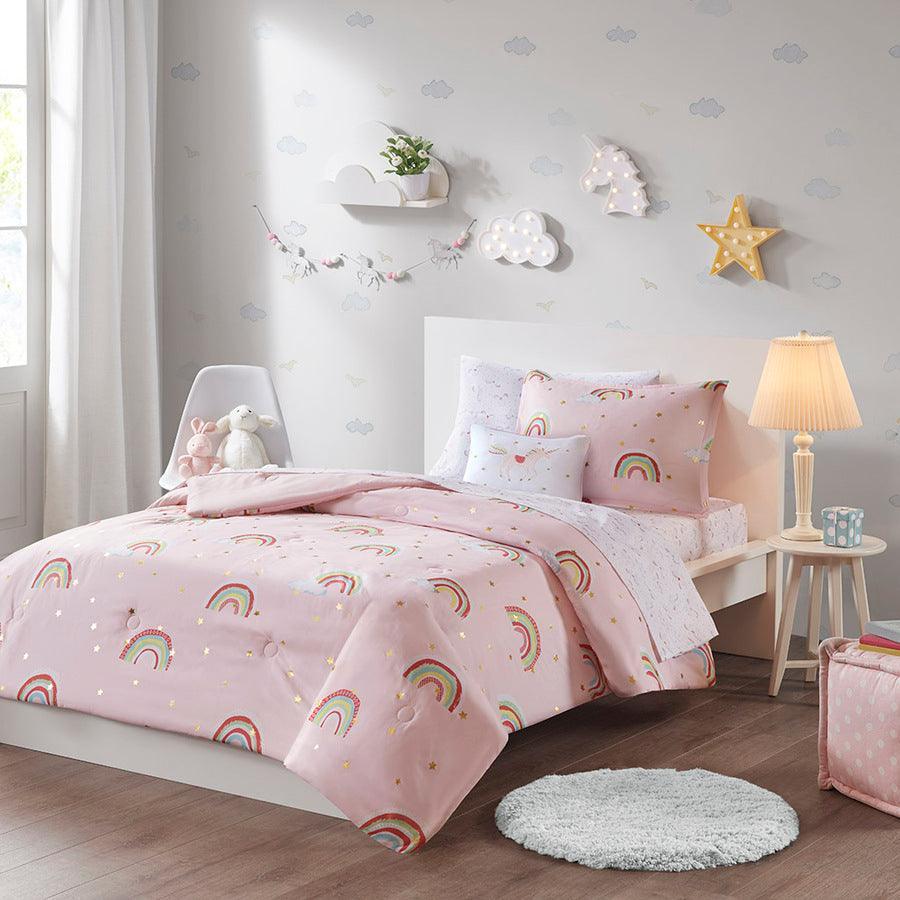 Alicia Rainbow Metallic Printed Stars Complete Bed and Sheet Set Pink Full Olliix.com