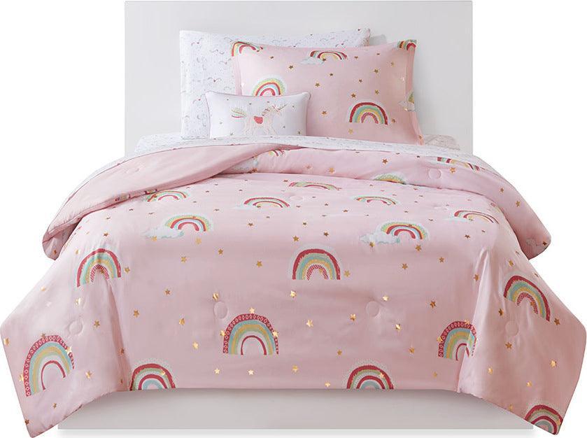 Alicia Rainbow Metallic Printed Stars Complete Bed and Sheet Set Pink Full Olliix.com