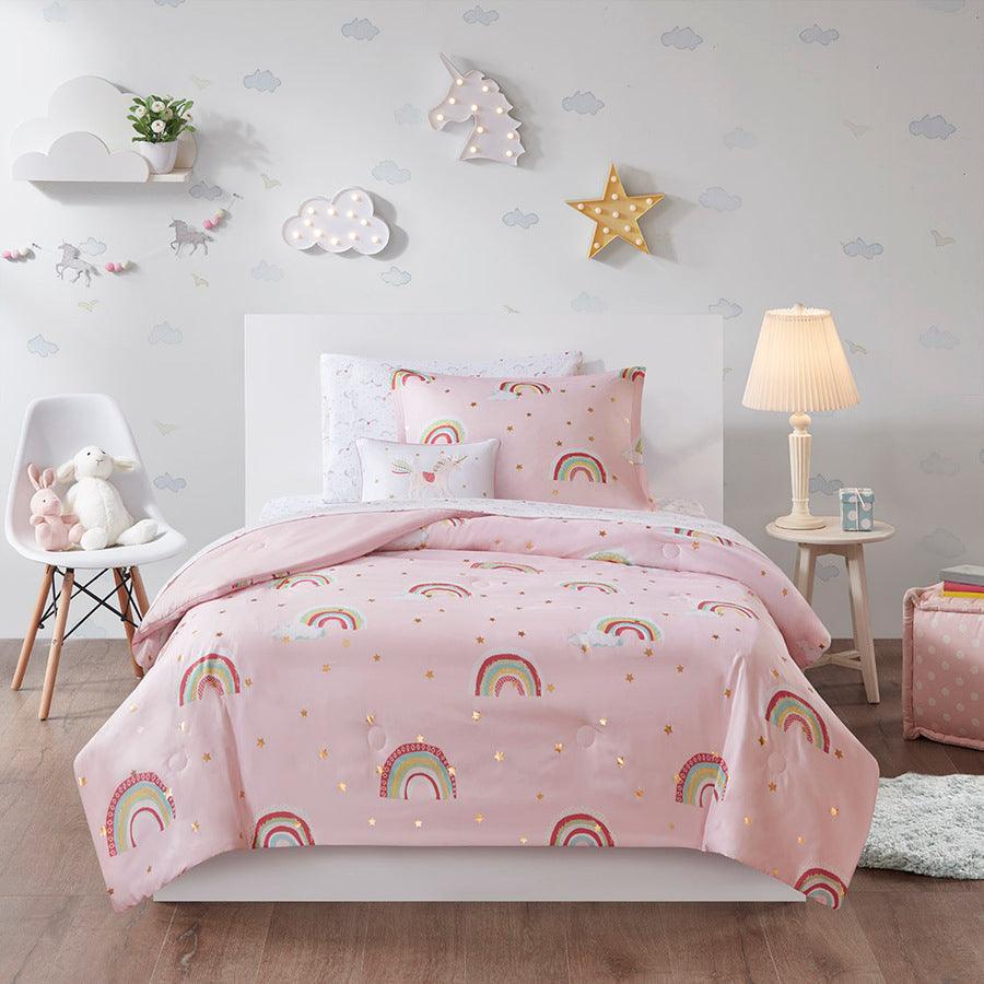 Alicia Rainbow Metallic Printed Stars Complete Bed and Sheet Set Pink Full Olliix.com