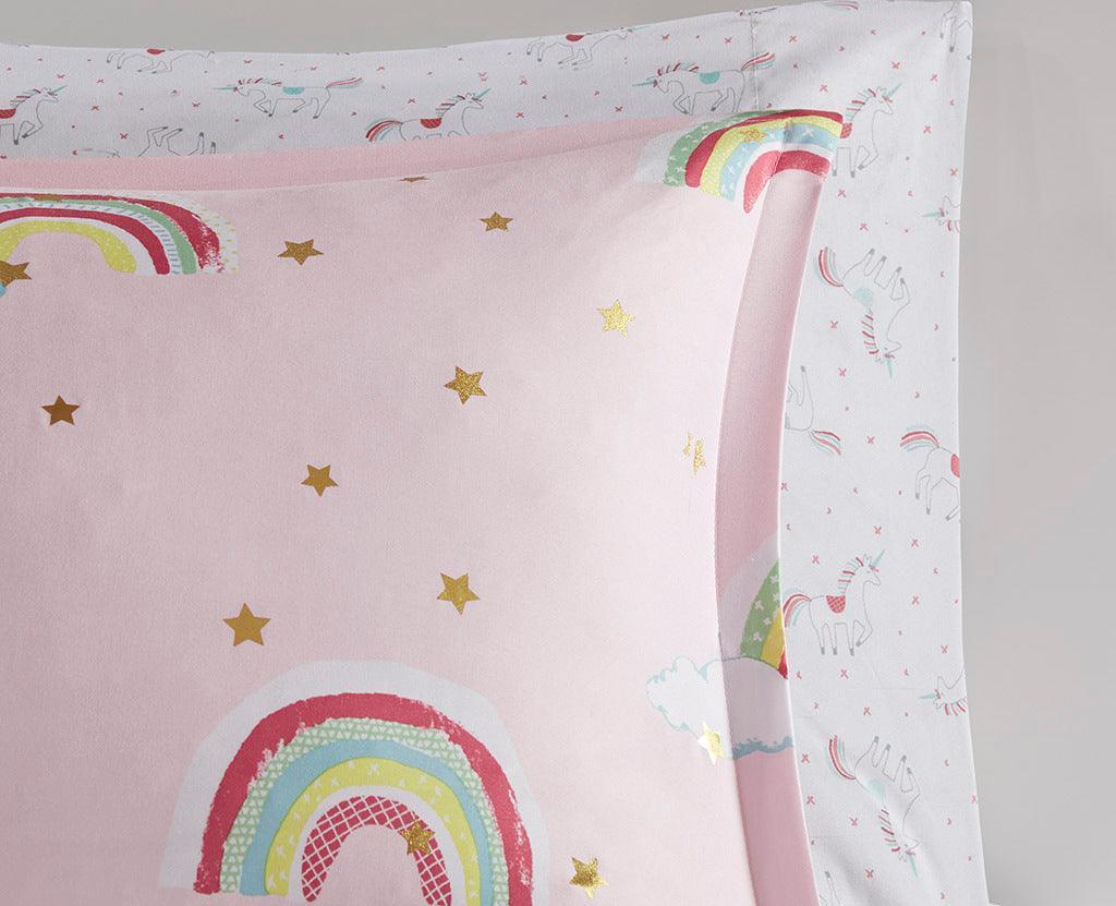 Alicia Rainbow Metallic Printed Stars Complete Bed and Sheet Set Pink Full Olliix.com