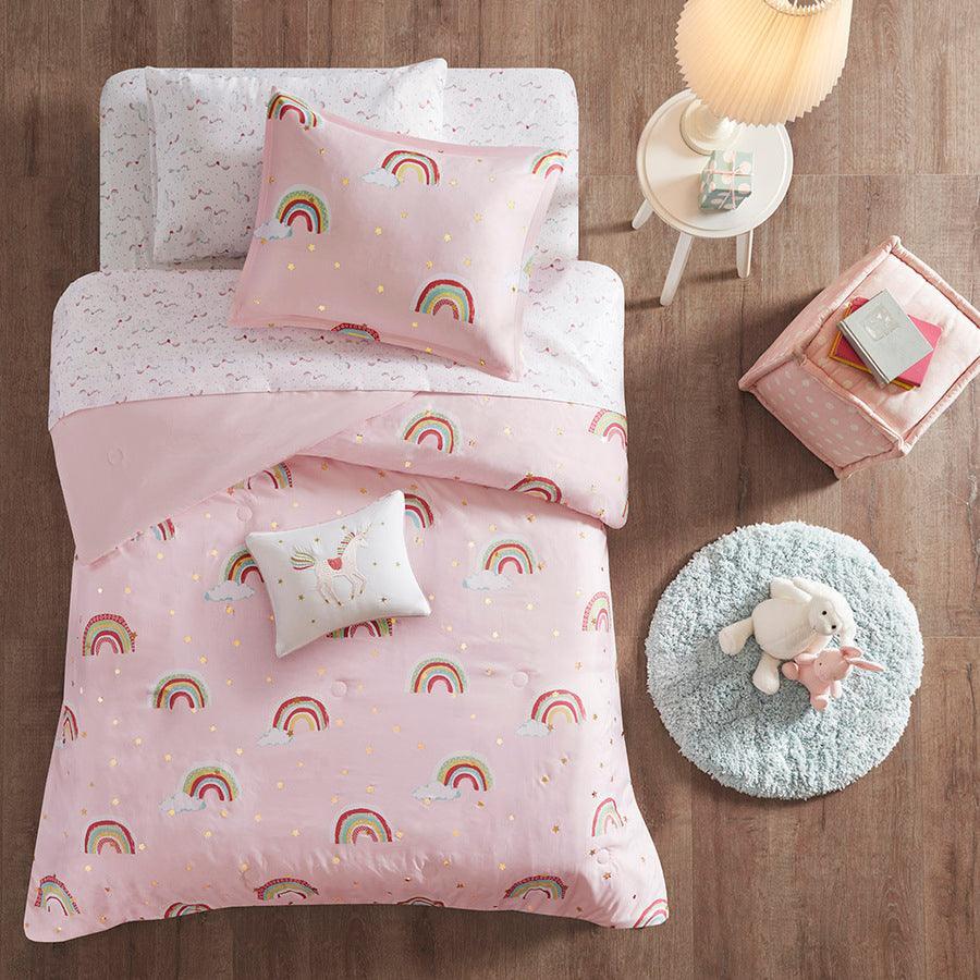 Alicia Rainbow Printed Stars Complete Bed and Sheet Set Pink Twin Olliix.com