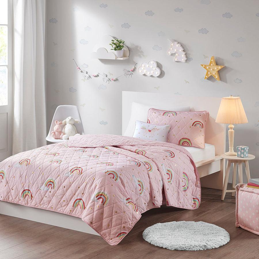 Alicia Twin Rainbow with Metallic Printed Stars Reversible Coverlet Set Pink Olliix.com