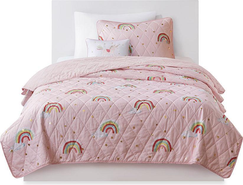 Alicia Twin Rainbow with Metallic Printed Stars Reversible Coverlet Set Pink Olliix.com