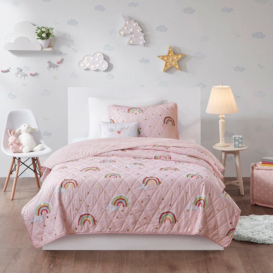 Alicia Twin Rainbow with Metallic Printed Stars Reversible Coverlet Set Pink Olliix.com