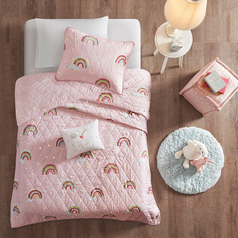 Alicia Twin Rainbow with Metallic Printed Stars Reversible Coverlet Set Pink Olliix.com