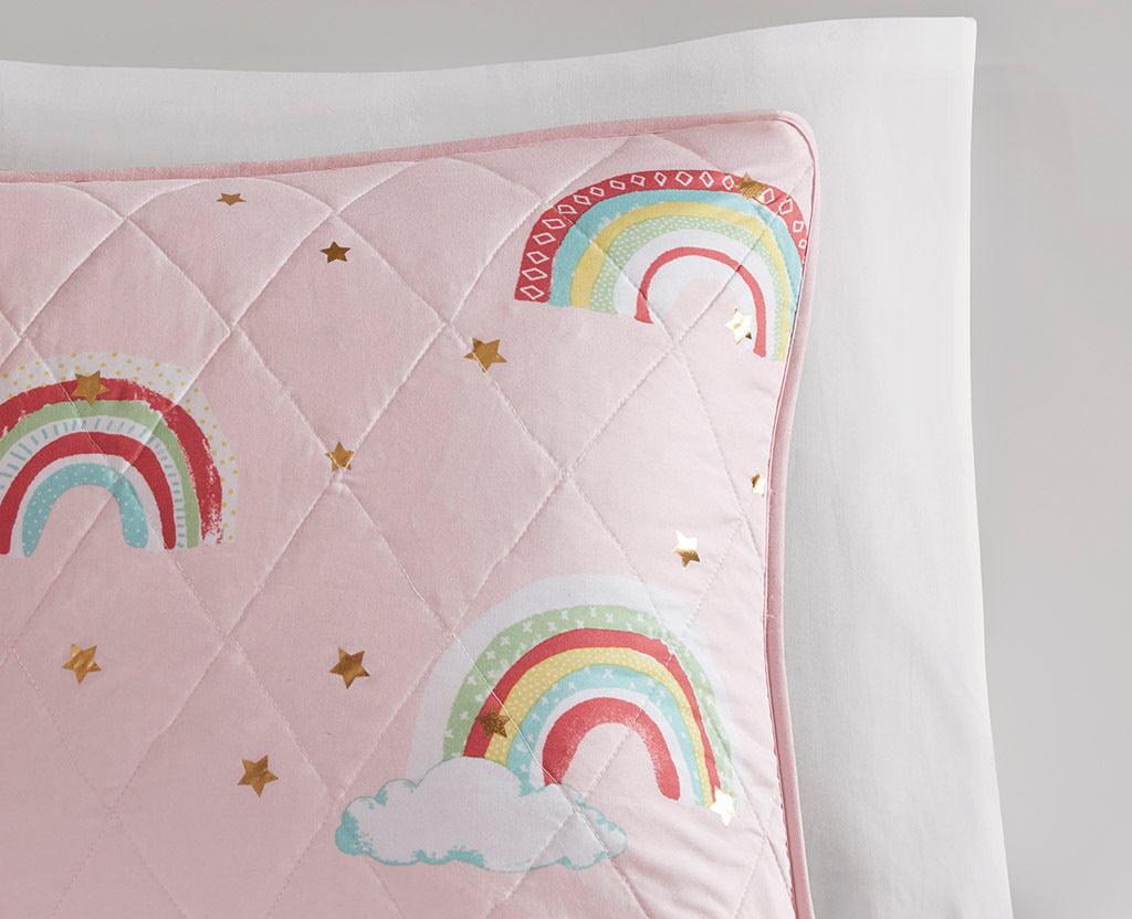 Alicia Twin Rainbow with Metallic Printed Stars Reversible Coverlet Set Pink Olliix.com