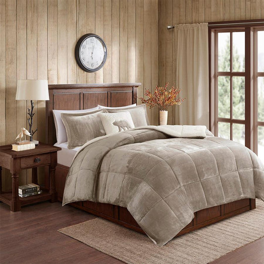 Alton Casual Plush to Sherpa Down Alternative Comforter Set Taupe | Ivory Twin Olliix.com