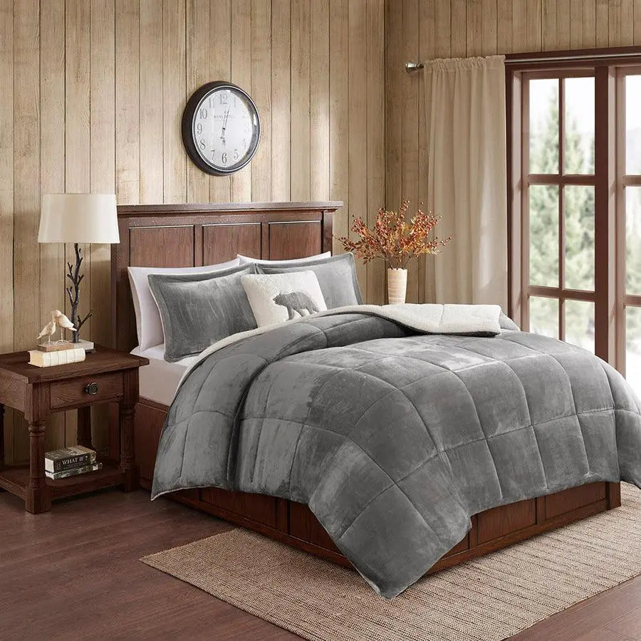 Alton Cottage Plush to Sherpa Down Alternative Comforter Set Charcoal | Ivory King Olliix.com