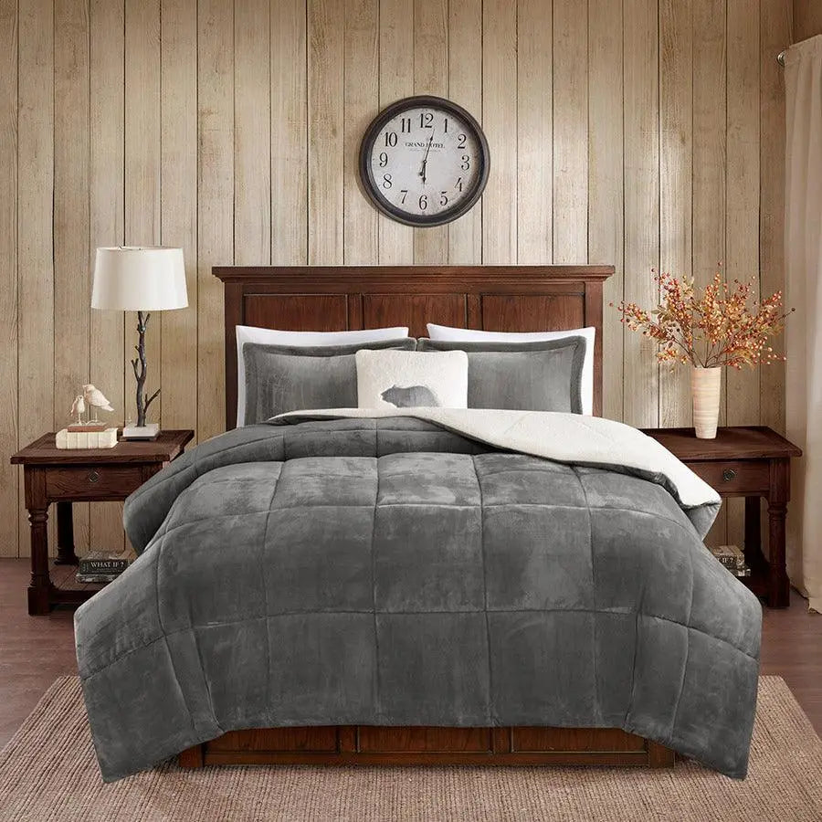Alton Cottage Plush to Sherpa Down Alternative Comforter Set Charcoal | Ivory King Olliix.com