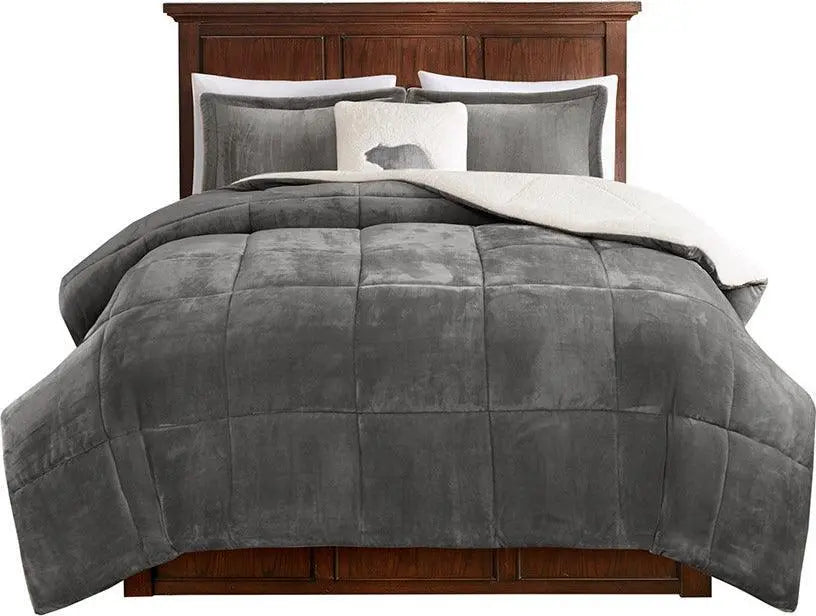 Alton Cottage Plush to Sherpa Down Alternative Comforter Set Charcoal | Ivory King Olliix.com