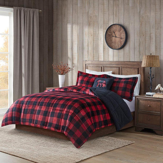 Alton Full/Queen Plush to Sherpa Down Alternative Comforter Set Red & Black Buffalo Check Olliix.com