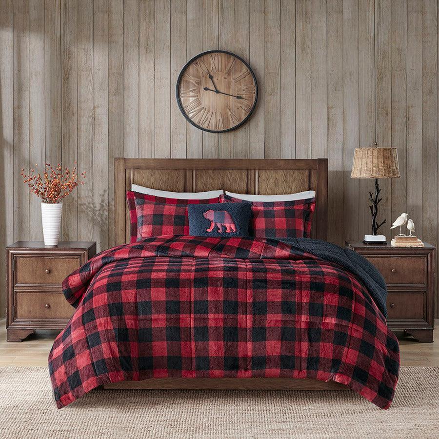 Alton Full/Queen Plush to Sherpa Down Alternative Comforter Set Red & Black Buffalo Check Olliix.com