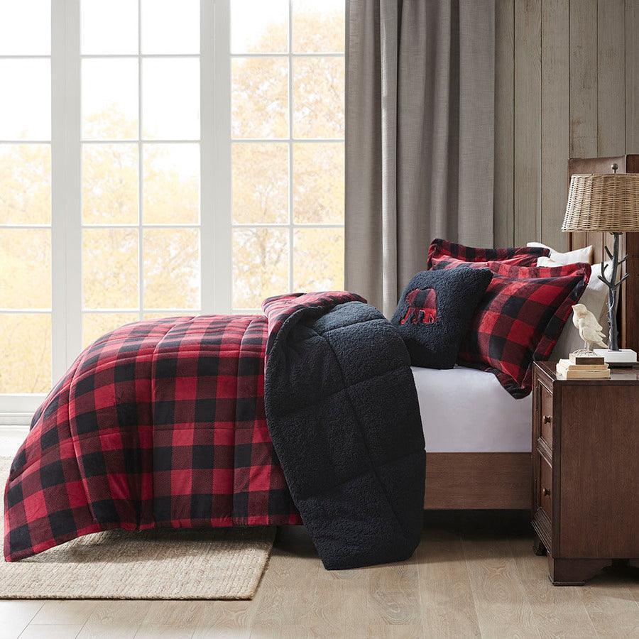 Alton Full/Queen Plush to Sherpa Down Alternative Comforter Set Red & Black Buffalo Check Olliix.com