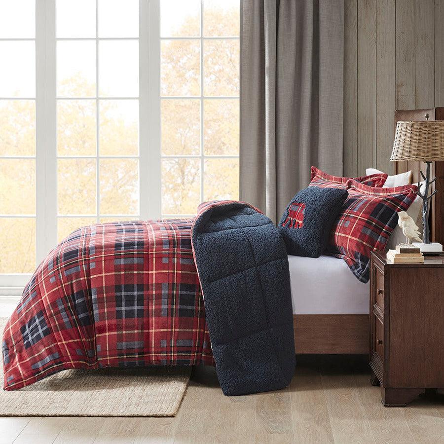 Alton King Plush to Sherpa Down Alternative Lodge & Cabin Comforter Set Red Plaid Olliix.com