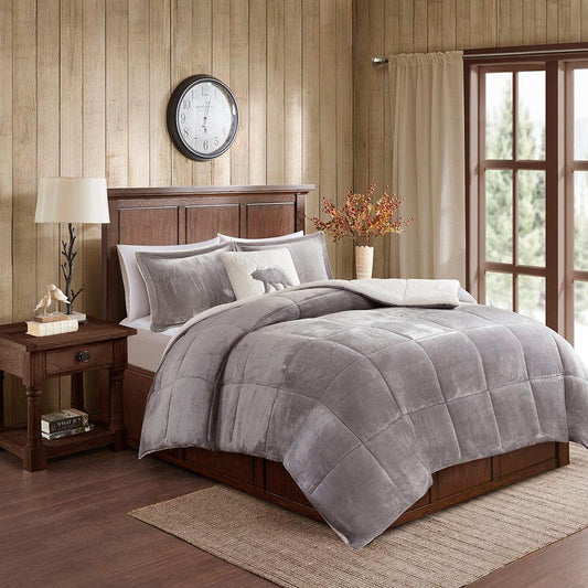 Alton Transitional Plush to Sherpa Down Alternative Comforter Set Gray | Ivory Twin Olliix.com