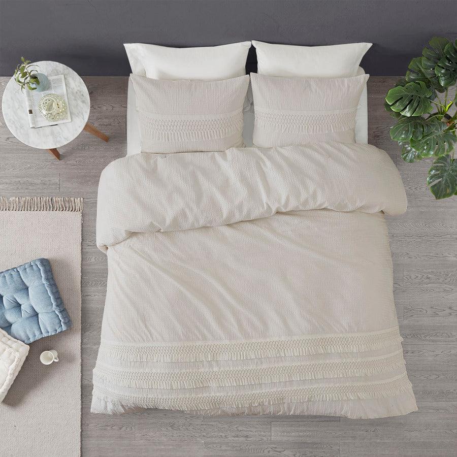 Amaya Modern 3 Piece Cotton Seersucker Comforter Set Ivory Full/Queen Olliix.com