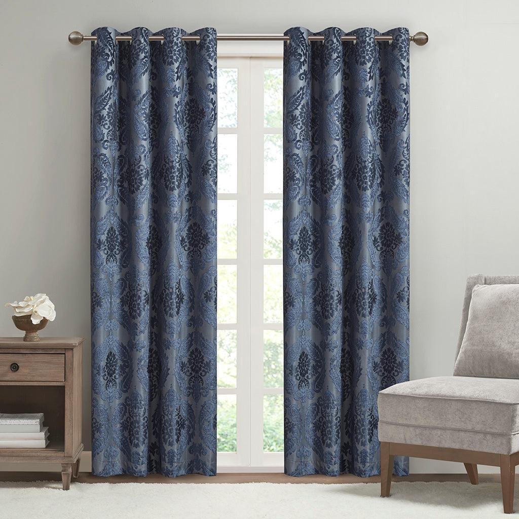 Amelia 108 H Knitted Jacquard Paisley Total Blackout Grommet Top Curtain Panel Navy Olliix.com