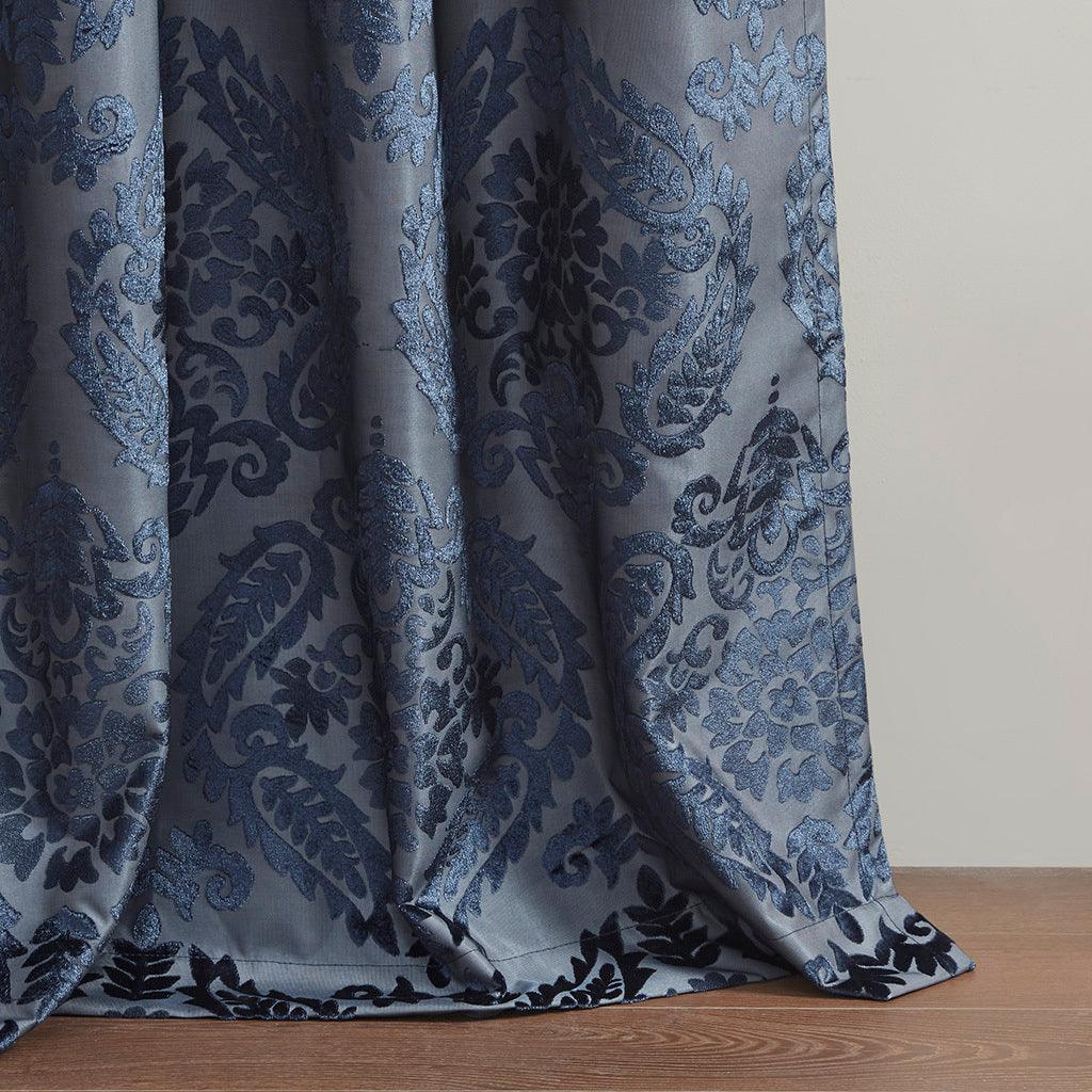 Amelia 108 H Knitted Jacquard Paisley Total Blackout Grommet Top Curtain Panel Navy Olliix.com