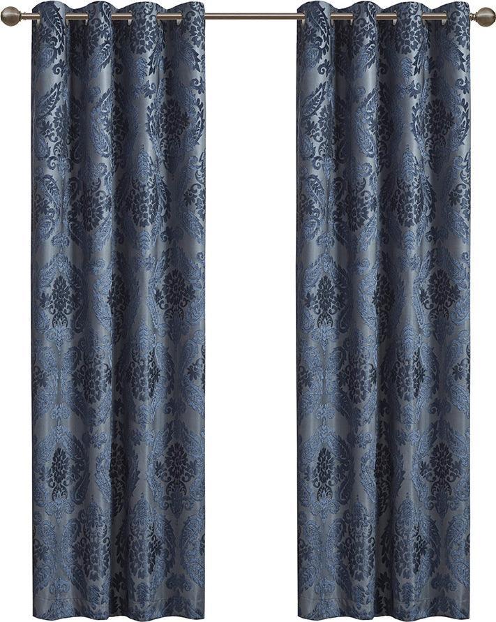 Amelia 108 H Knitted Jacquard Paisley Total Blackout Grommet Top Curtain Panel Navy Olliix.com