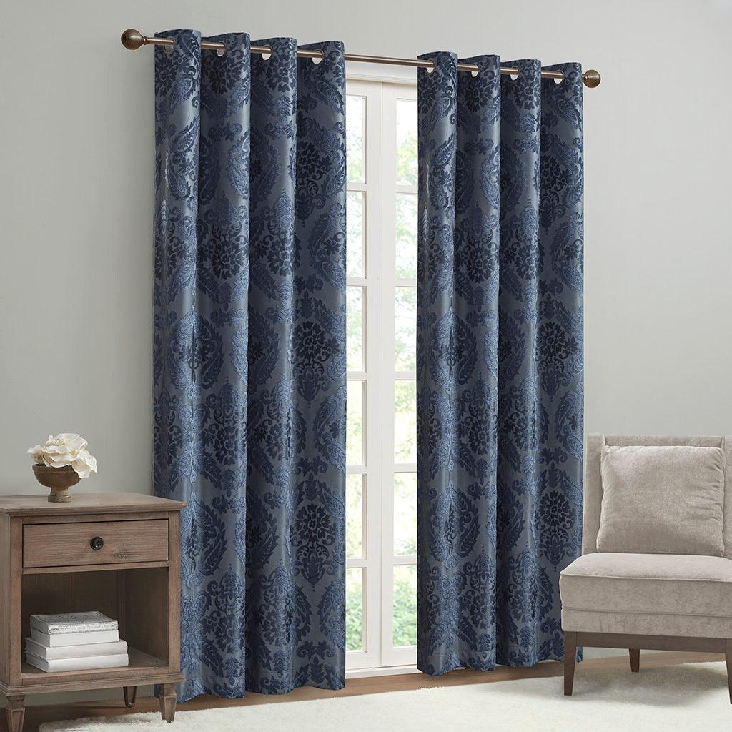 Amelia 108 H Knitted Jacquard Paisley Total Blackout Grommet Top Curtain Panel Navy Olliix.com