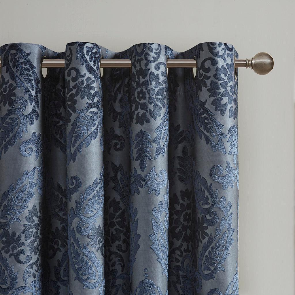 Amelia 108 H Knitted Jacquard Paisley Total Blackout Grommet Top Curtain Panel Navy Olliix.com