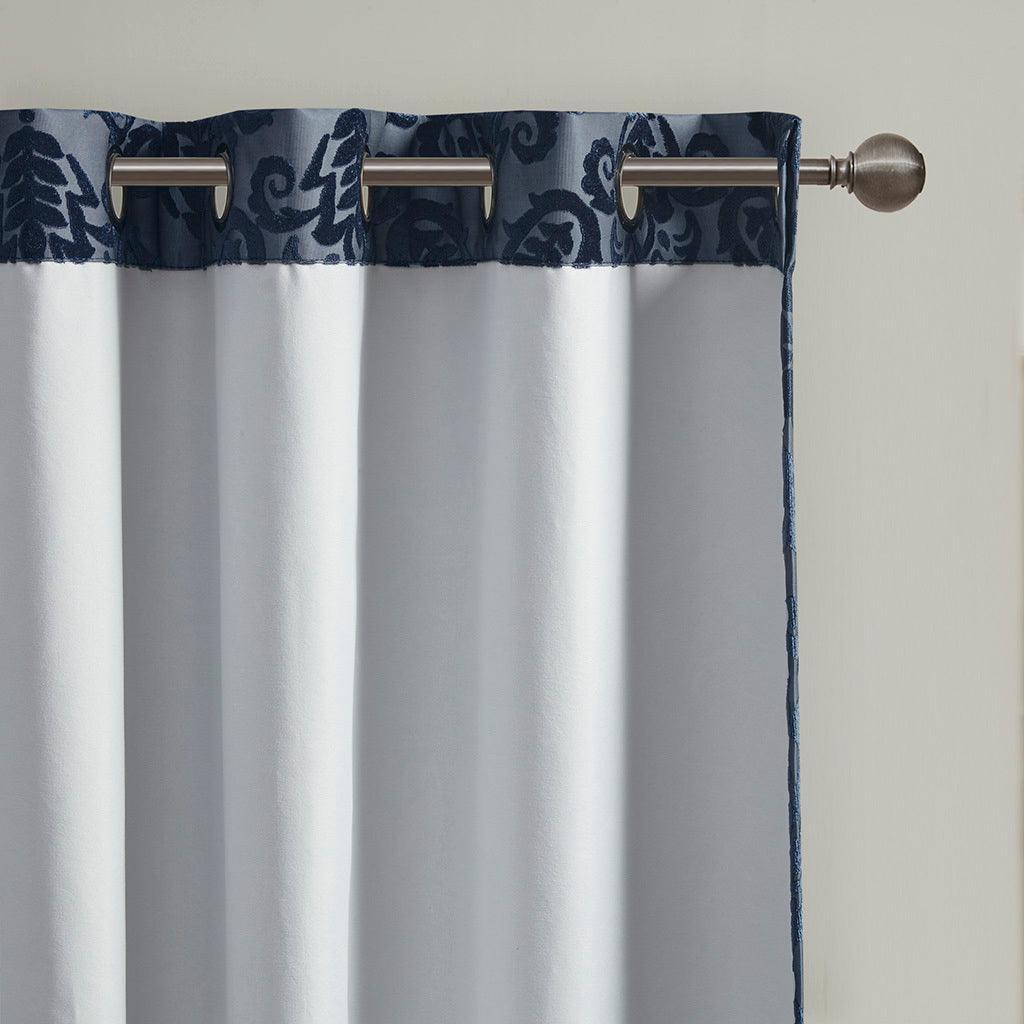 Amelia 108 H Knitted Jacquard Paisley Total Blackout Grommet Top Curtain Panel Navy Olliix.com