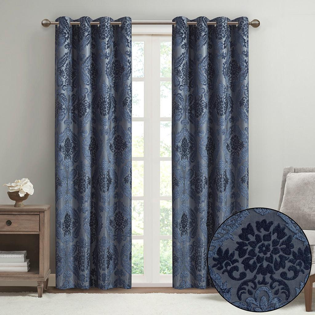 Amelia 108 H Knitted Jacquard Paisley Total Blackout Grommet Top Curtain Panel Navy Olliix.com