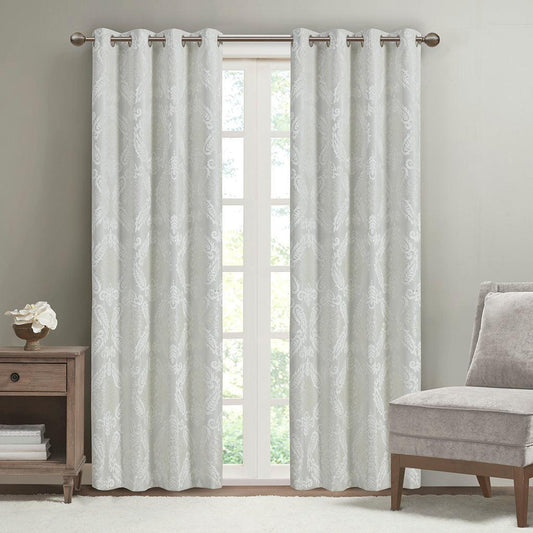 Amelia 108 H Knitted Jacquard Paisley Total Blackout Grommet Top Curtain Panel White Olliix.com