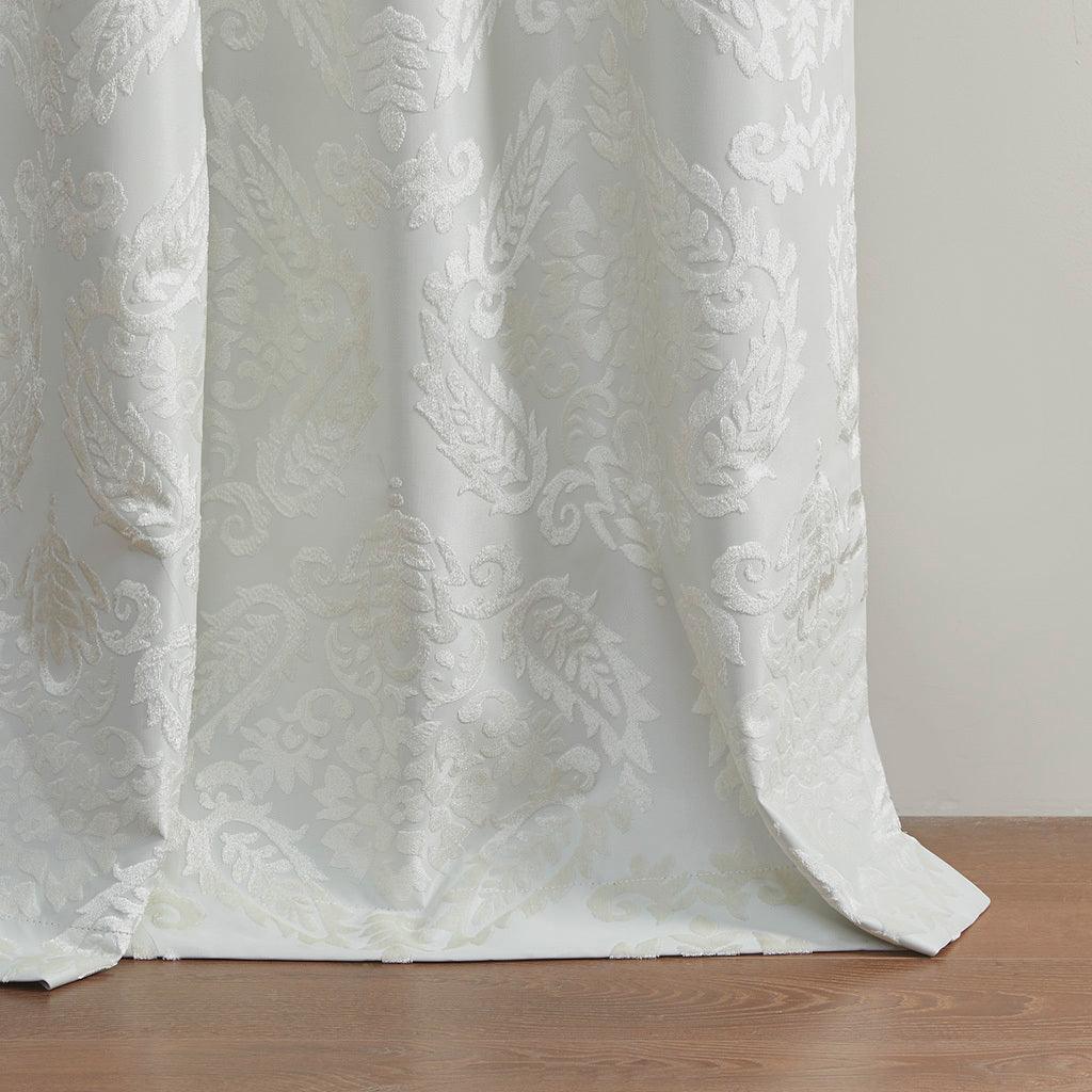 Amelia 108 H Knitted Jacquard Paisley Total Blackout Grommet Top Curtain Panel White Olliix.com