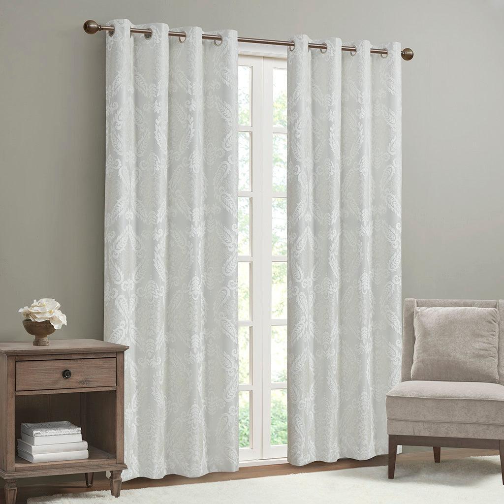 Amelia 108 H Knitted Jacquard Paisley Total Blackout Grommet Top Curtain Panel White Olliix.com