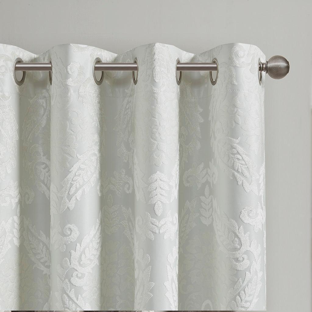 Amelia 108 H Knitted Jacquard Paisley Total Blackout Grommet Top Curtain Panel White Olliix.com