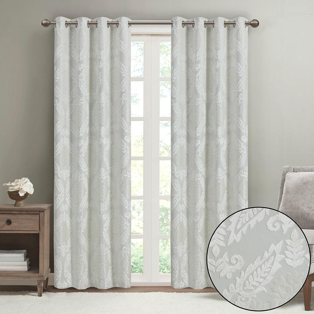 Amelia 108 H Knitted Jacquard Paisley Total Blackout Grommet Top Curtain Panel White Olliix.com