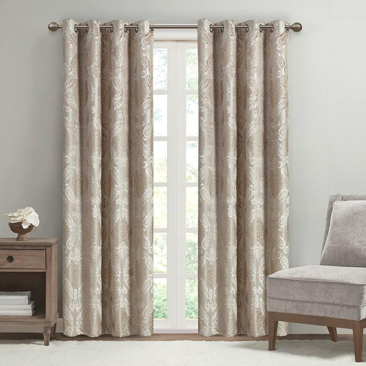 Amelia 84 H Knitted Jacquard Paisley Total Blackout Grommet Top Curtain Panel Champagne Olliix.com