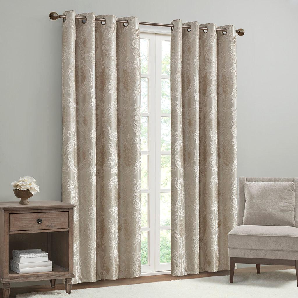 Amelia 84 H Knitted Jacquard Paisley Total Blackout Grommet Top Curtain Panel Champagne Olliix.com