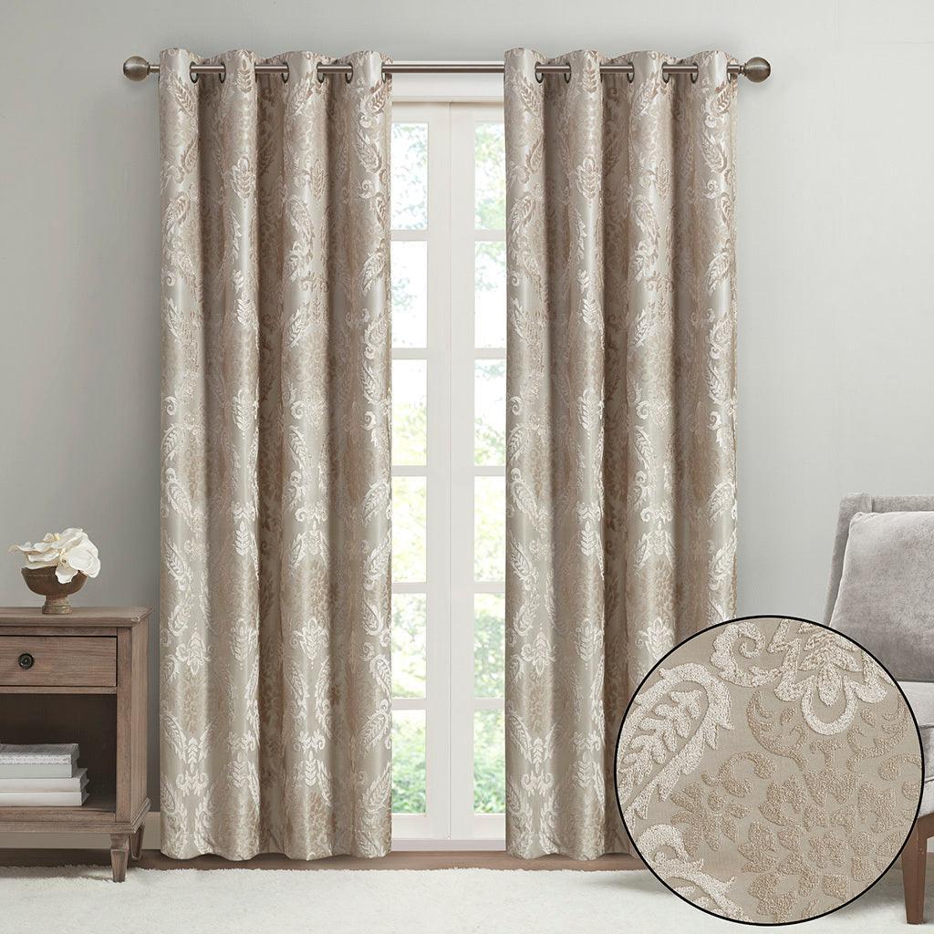 Amelia 84 H Knitted Jacquard Paisley Total Blackout Grommet Top Curtain Panel Champagne Olliix.com