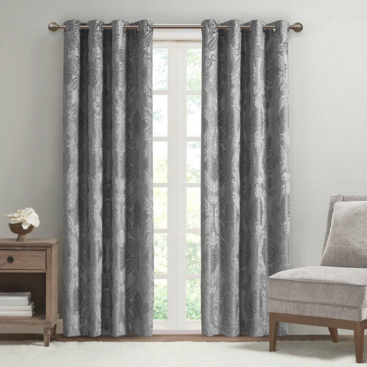 Amelia 95 H Knitted Jacquard Paisley Total Blackout Grommet Top Curtain Panel Gray Olliix.com