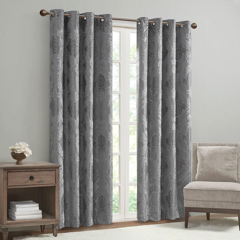 Amelia 95 H Knitted Jacquard Paisley Total Blackout Grommet Top Curtain Panel Gray Olliix.com