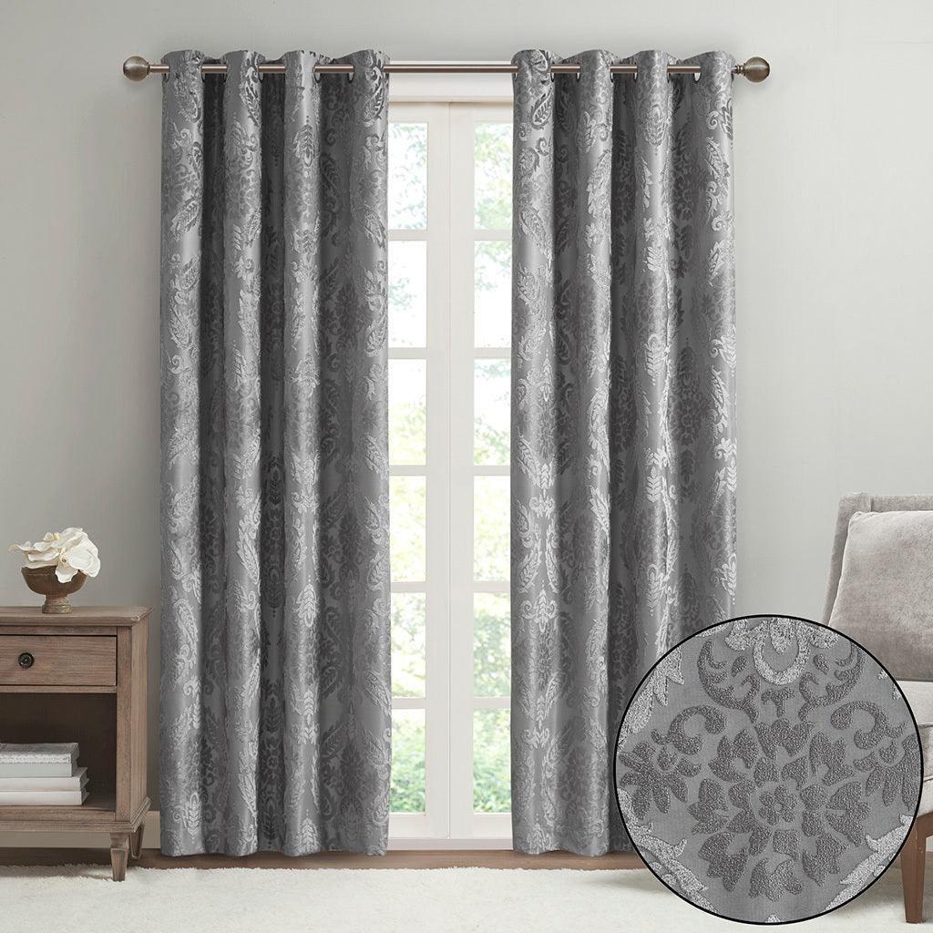 Amelia 95 H Knitted Jacquard Paisley Total Blackout Grommet Top Curtain Panel Gray Olliix.com